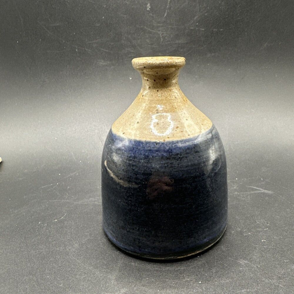 Art Pottery Small Vase Blue Tan Speckled Stamped “ap”